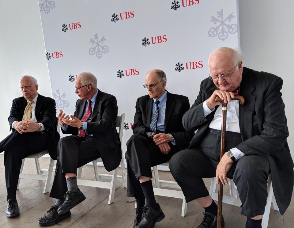 James Heckman, Oliver Hart, Thomas Sargent, and Angus Deaton talk before a UBS event. (Ethan Wolff-Mann/Yahoo Finance)