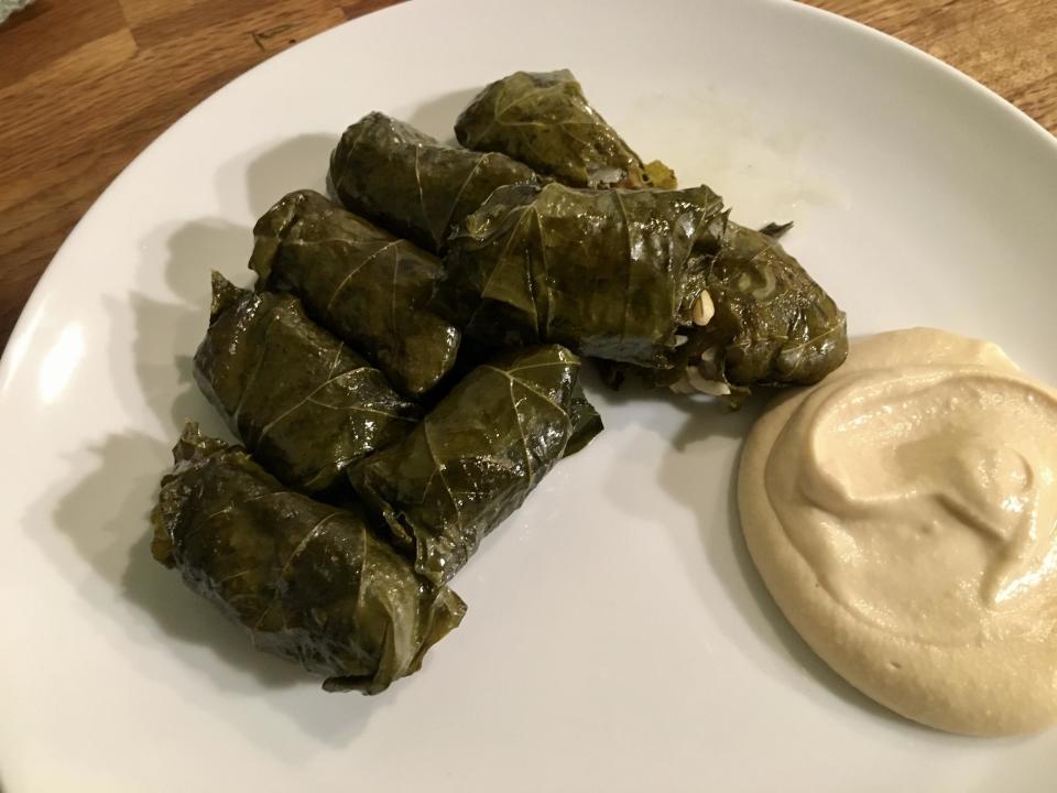 A plate of stuffed grape leaves and a dollop of hummus on the side