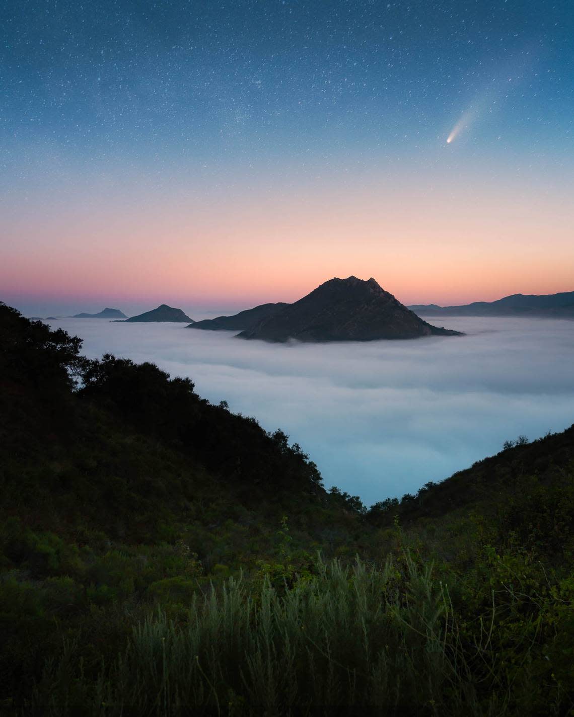 Christopher Petro captured this photo of the NEOWISE comet in the skies above Cerro San Luis in San Luis Obispo on July 17, 2020.