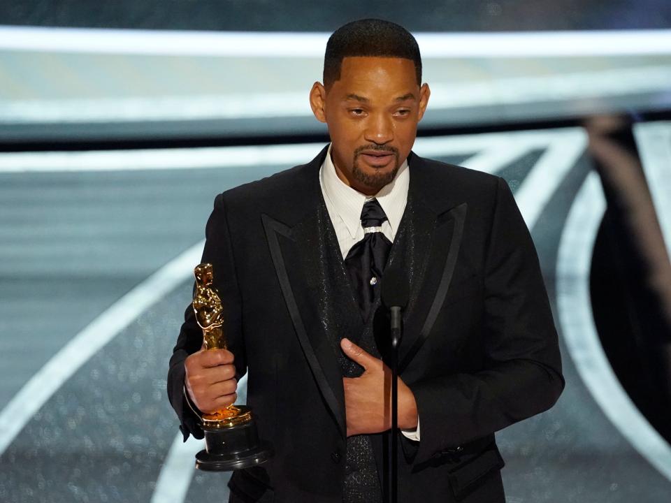 Will Smith cries as he accepts the award for best performance by an actor in a leading role for "King Richard" at the Oscars on Sunday, March 27, 2022, at the Dolby Theatre in Los Angeles.