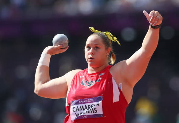 LONDON, ENGLAND - AUGUST 06: Jillian Camarena-Williams of the United States competes in the Women's Shot Put qualification on Day 10 of the London 2012 Olympic Games at the Olympic Stadium on August 6, 2012 in London, England. (Photo by Alexander Hassenstein/Getty Images)