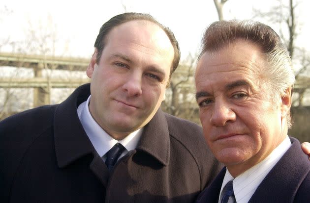 Actors James Gandolfini (left) and Tony Sirico get together at a Jersey City cemetery to shoot a scene for the TV series 