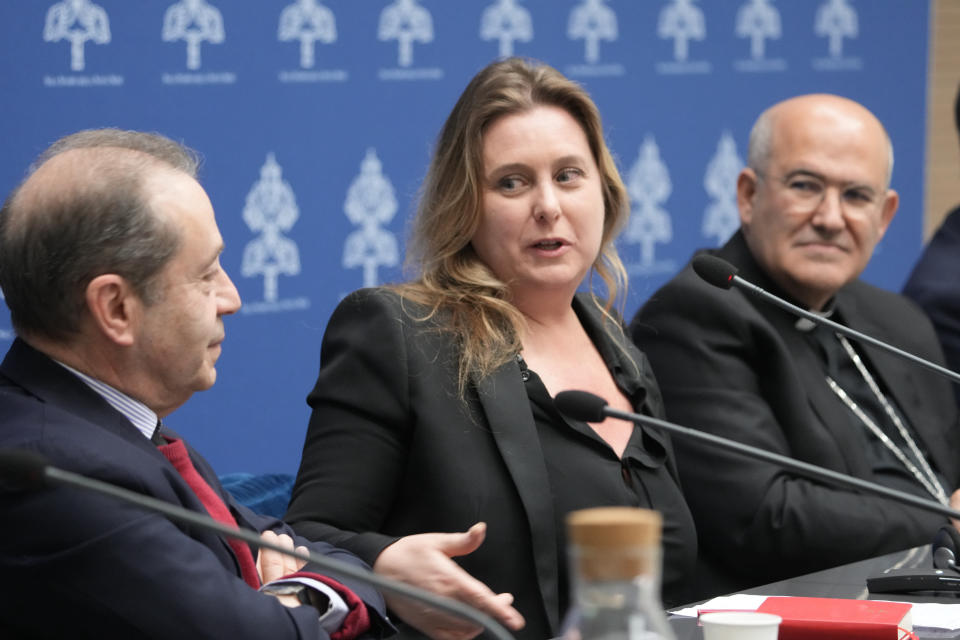 From left, curators Bruno Racine and Chiara Parisi, with Vatican Prefect of the Dicastery for Culture and Education, Card. José Tolentino de Mendonça attend a press conference at The Vatican, Monday, March 11, 2024, to present the Holy See pavillion for the 60th edition of the Venice Biennale of Arts opening on April 20th, 2024. (AP Photo/Domenico Stinellis)