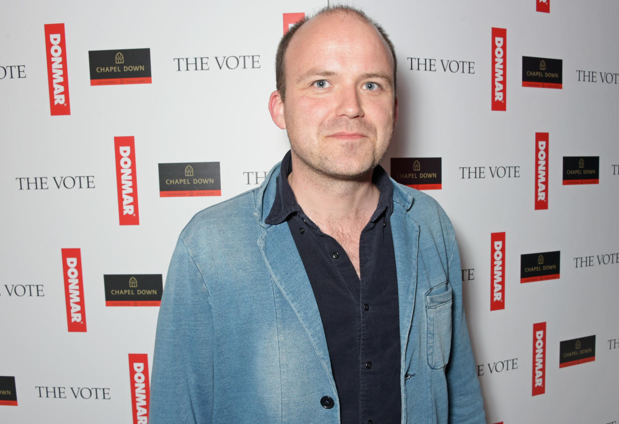 LONDON, ENGLAND - MAY 07:  Rory Kinnear celebrates following the live broadcast of The Donmar Warehouse's production of "The Vote" at the Ham Yard Hotel, generously supported by Chapel Down, on May 7, 2015 in London, England.  (Photo by David M. Benett/Getty Images for Donmar Warehouse)