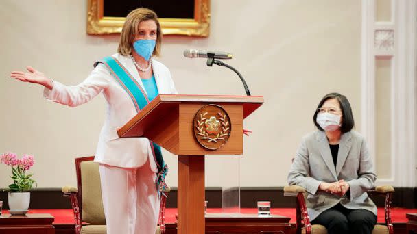 PHOTO: U.S. House Speaker Nancy Pelosi speaks during a meeting with Taiwanese President President Tsai Ing-wen, after receiving the Order of Propitious Clouds with Special Grand Cordon, Taiwan’s highest civilian honour, in Taipei, Taiwan, Aug. 3, 2022. (Taiwan Presidential Office via AP, FILE)