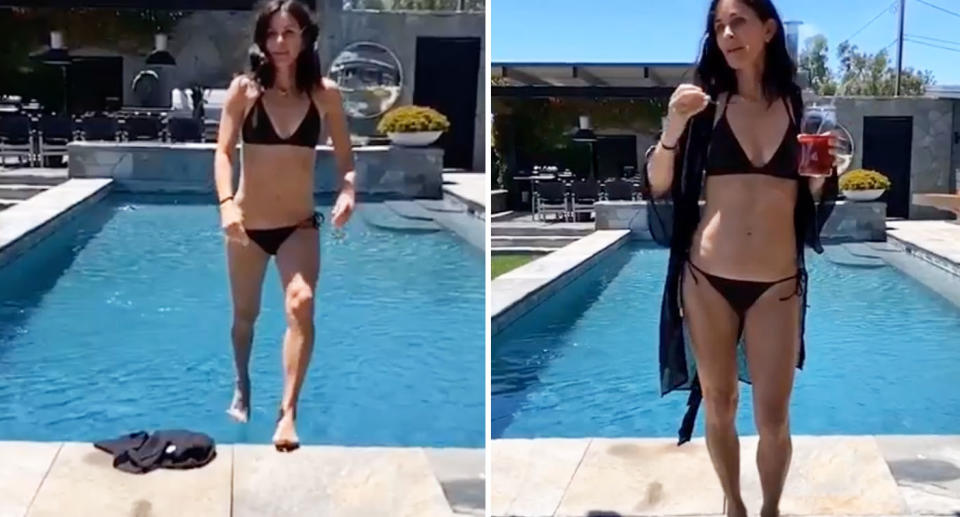 Courteney Cox leaps out of a swimming pool in the unbelievable footage. [Photo: Instagram]