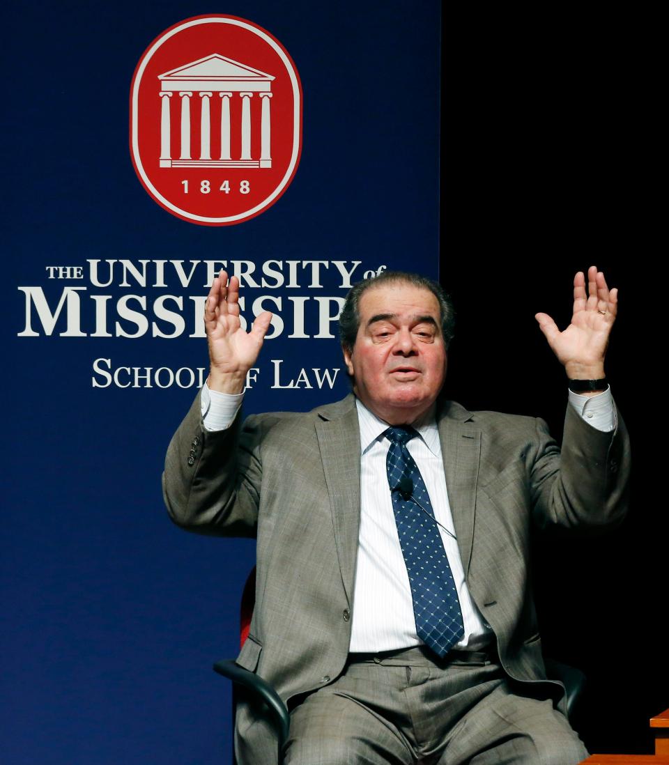 Late U.S. Supreme Court Justice Antonin Scalia at a program with fellow Justice Elena Kagan in 2014, at the University of Mississippi.