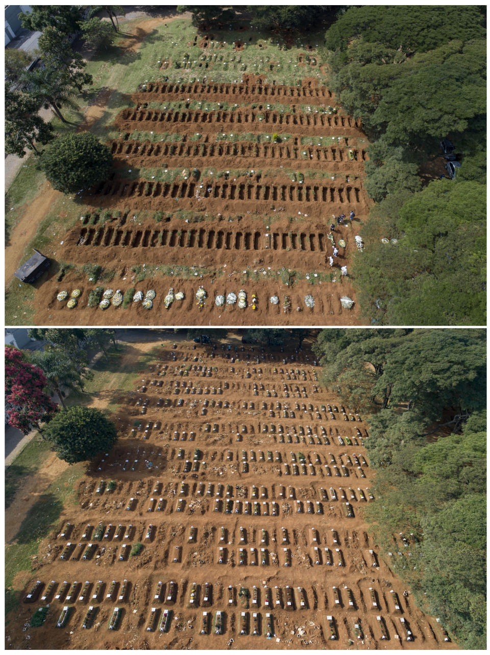 This combo shows freshly dug graves, top, on April 1, 2020 at the Vila Formosa cemetery in Sao Paulo, Brazil, compared to one month later on April 30 with the graves filled in. Sao Paulo authorities dug hundreds of new graves in anticipation of an increase in the city's death rate amid the presence of the new coronavirus pandemic. (AP Photo/Andre Penner)