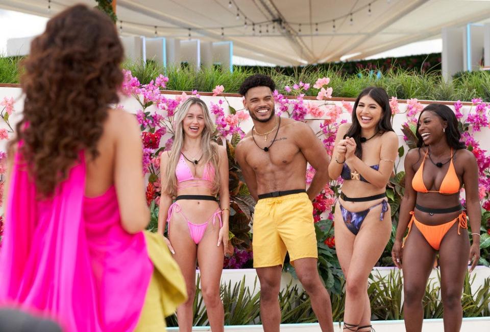 The islanders arrive at the villa on Season 5, Episode 1, of "Love Island USA." From left, Anna Kurdys, Leonardo Dionicio, Kasandra Castillo and Vickala Gray.