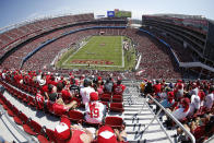 FILE - Fans watch during the first half of an NFL football game between the San Francisco 49ers and the Carolina Panthers at Levi's Stadium in Santa Clara, Calif., Sunday, Sept. 10, 2017. There are 23 venues bidding to host soccer matches at the 2026 World Cup in the United States, Mexico and Canada. (AP Photo/Tony Avelar, File)