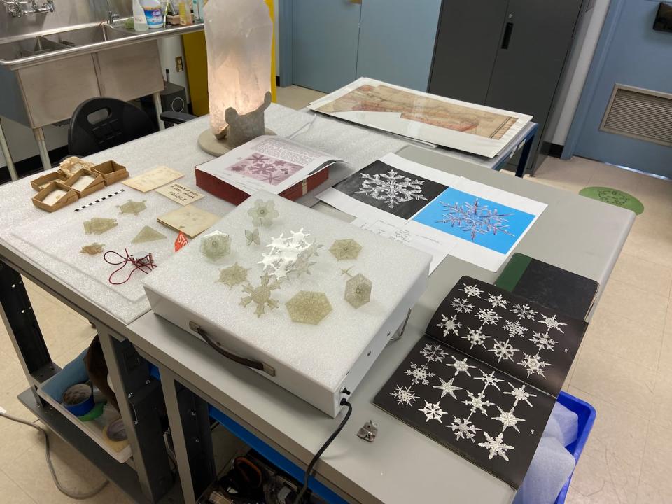 The collection included various sizes of plastic snow crystal models and black-and-white photos of snowflakes that were likely used in the creation of the models.