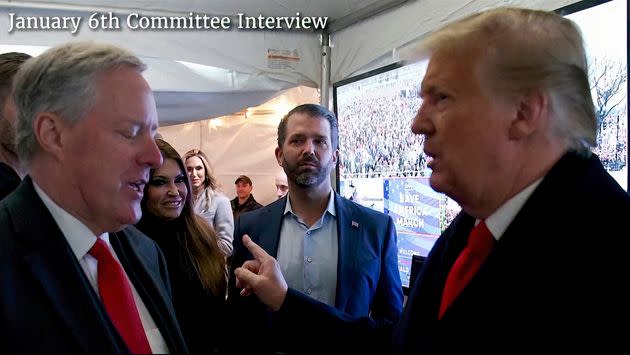 This exhibit from video released by the House Jan. 6 committee shows a photo of former President Donald Trump talking to his chief of staff Mark Meadows before Trump spoke at the rally on the Ellipse on Jan. 6, 2021. (Photo: via Associated Press)