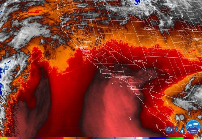 A water vapor satellite on Thursday, Nov. 25, 2021, helps meteorologists "see" how dry it is across Southern California. The dark reds and pinks reflect relative warm brightness temperatures, which indicates very dry air over the region.