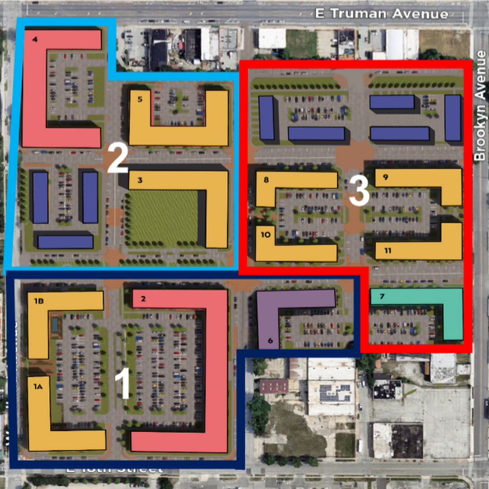 A mockup of the potential new apartment building layout at Parade Park Homes is seen in this image shared by the 12th Street Heritage Development Corporation, a Kansas City based co-developer planning major redevelopments of the historically Black former housing co-op.