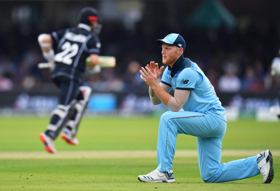 Ben Stokes reacts after a misfield. (Photo by Clive Mason/Getty Images)