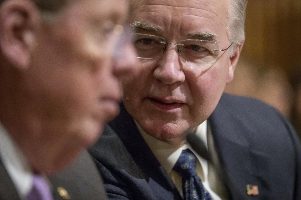 Health and Human Services Secretary-designate, Rep. Tom Price, R-Ga., right, speaks with Sen. Johnny Isakson, R-Ga. on Capitol Hill in Washington, Tuesday, Jan. 24, 2017, prior to testifying at his confirmation hearing before the Senate Finance Committee. (AP Photo/Andrew Harnik)