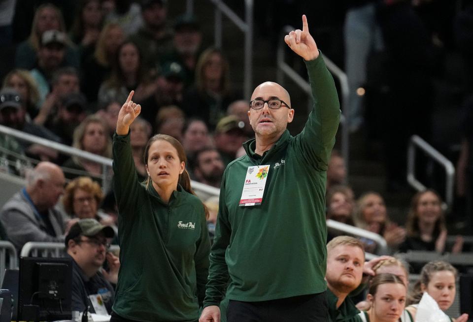 Forest Park Ranger head coach Tony Hasenour calls out to his team Saturday, Feb. 25, 2023, during the IHSAA Class 2A championship game at Gainbridge Fieldhouse in Indianapolis. Forest Park defeated Lapel for the title, 38-37.