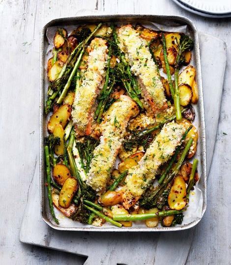 Tray-roast salmon and vegetables with creme fraiche and crumbs