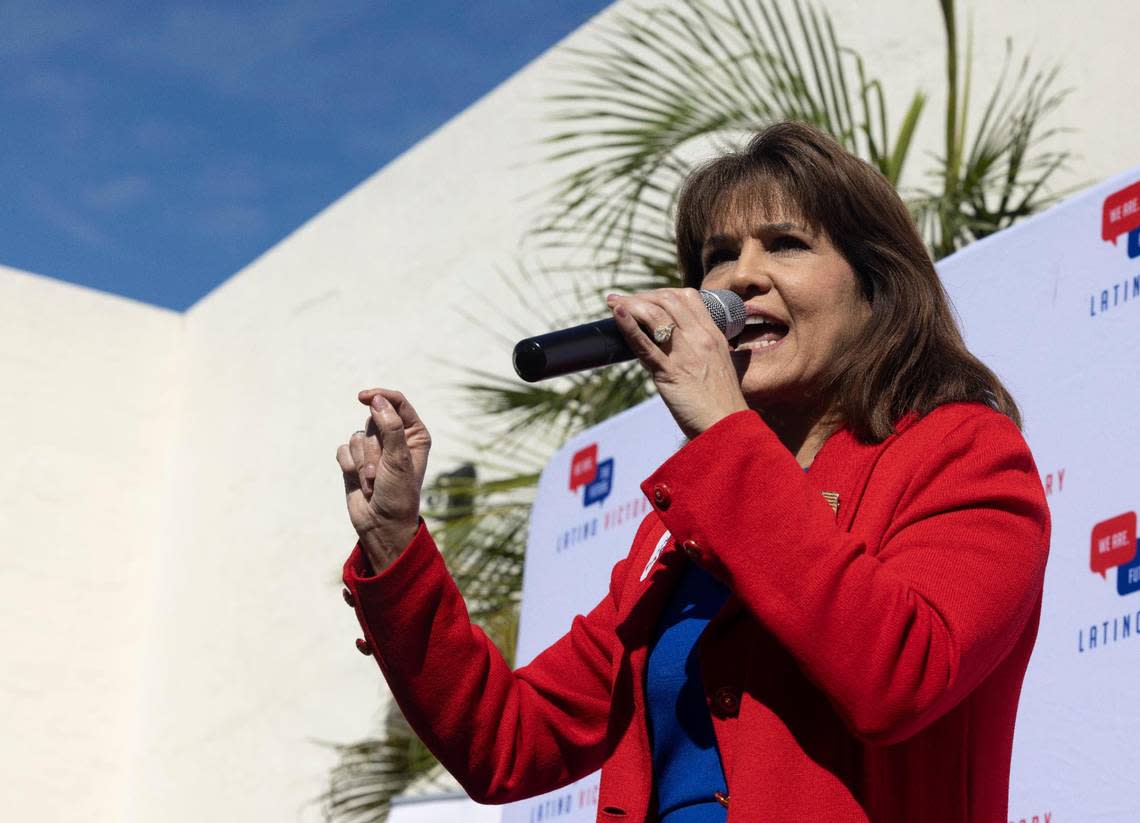 Sen. Annette Taddeo, Democratic nominee for Florida’s 27th Congressional District, speaks during a Latino Victory Fund’s Get Out The Vote Rally accompanied by local politicians and award-winning artist Lin-Manuel Miranda on Thursday, Oct. 20, 2022, at Books&Books in Coral Gables.