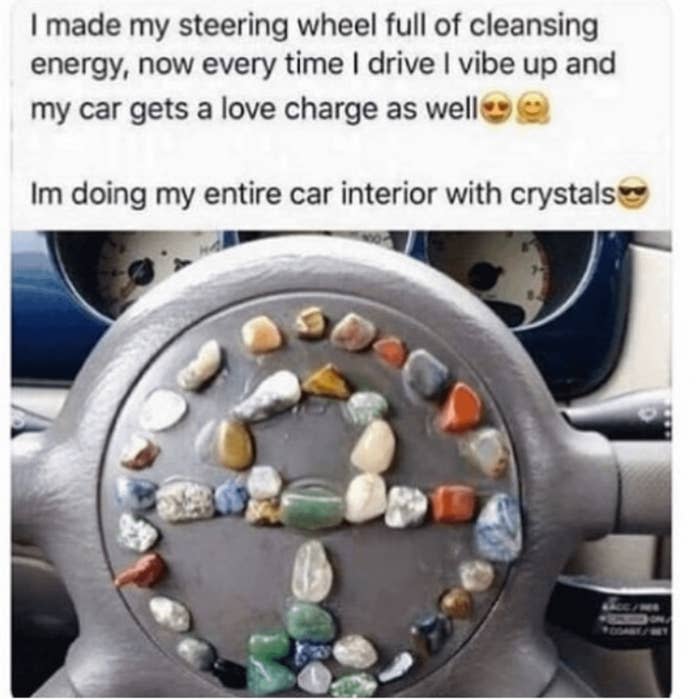 A steering wheel decorated with various crystals in a way that if the airbag deployed, the crystals would harm the driver