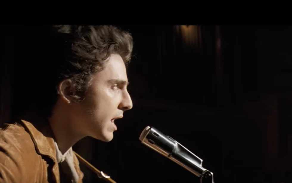 Timothée Chalamet as Bob Dylan in A Complete Unknown