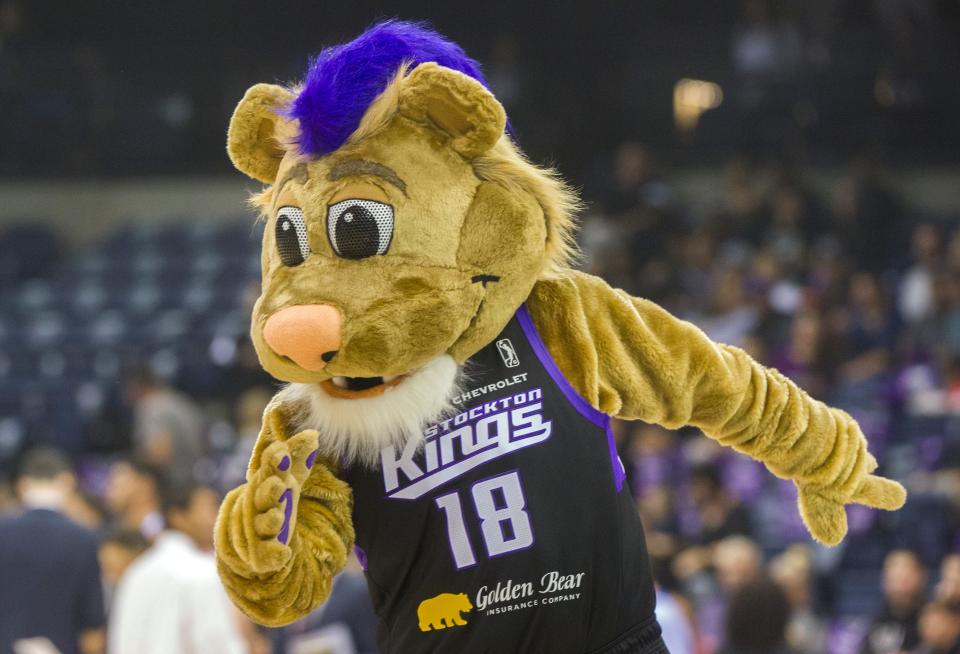 Stockton Kings' mascot Dunkson dances during the Kings' debut at the Stockton Arena in downtown Stockton.