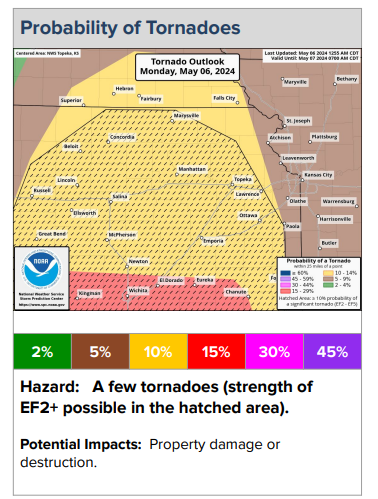 This graphic, posted on the website of the National Weather Service's Topeka office, shows anticipated chances Monday for tornadoes in eastern Kansas.