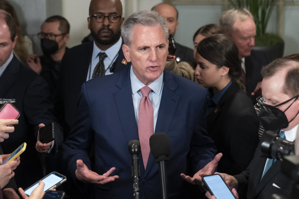 House Republican Leader Kevin McCarthy, R-Calif., speaks after a closed-door meeting with the GOP Conference as he pursues the speaker of the House role when as the 118th Congress convenes, Tuesday, Jan. 3, 2023, in Washington. (AP Photo/Alex Brandon)