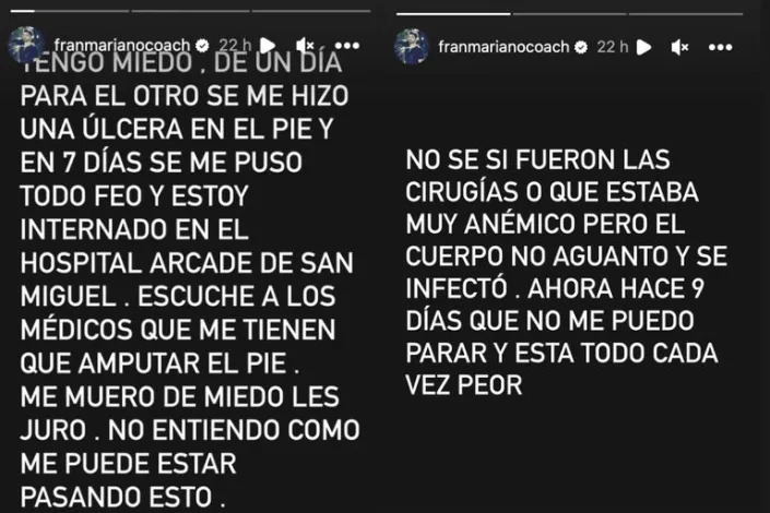 Fran Mariano cont&#xf3; la grave situaci&#xf3;n que atraviesa (Captura Instagram @franmarianocoach)