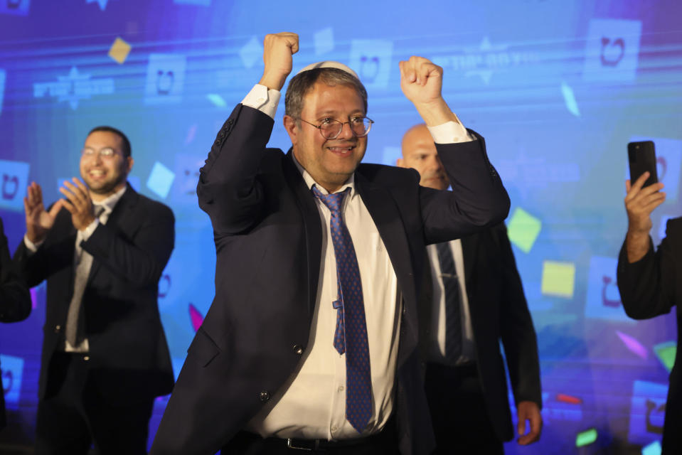 Israeli far-right lawmaker and the head of "Jewish Power" party, Itamar Ben-Gvir, gestures after first exit poll results for the Israeli Parliamentary election at his party's headquarters in Jerusalem, Wednesday, Nov. 2, 2022. (AP Photo/Oren Ziv)