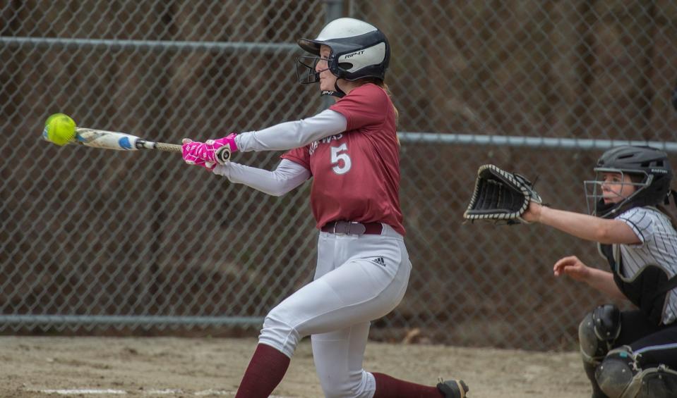 Millis High School's Abby Powers hits against Bellingham, April 10, 2024.