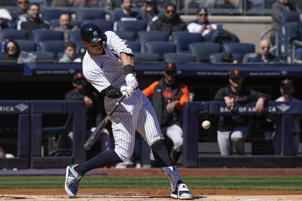 New York Yankees' Aaron Judge hits a solo home run during the first inning of a baseball game against the San Francisco Giants at Yankee Stadium Thursday, March 30, 2023, in New York. (AP Photo/Seth Wenig)