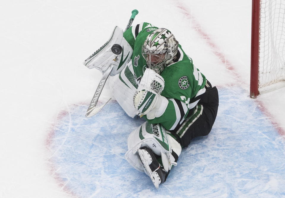 Dallas Stars goaltender Anton Khudobin makes a save against the Tampa Bay Lightning during the second period of Game 3 of the NHL hockey Stanley Cup Final, Wednesday, Sept. 23, 2020, in Edmonton, Alberta. (Jason Franson/The Canadian Press via AP)