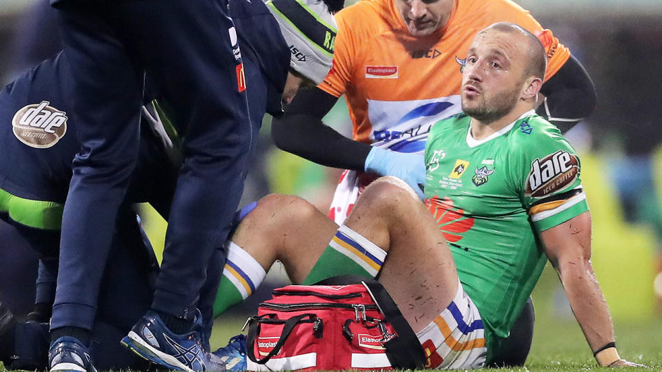 Josh Hodgson, pictured here after appearing to suffer a season-ending injury.