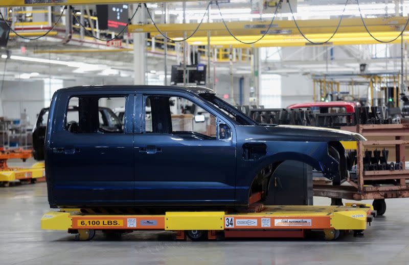 FILE PHOTO: A cab of a model of the all-new F-150 Lightning electric pickup truck is seen on an assembly line in Dearborn