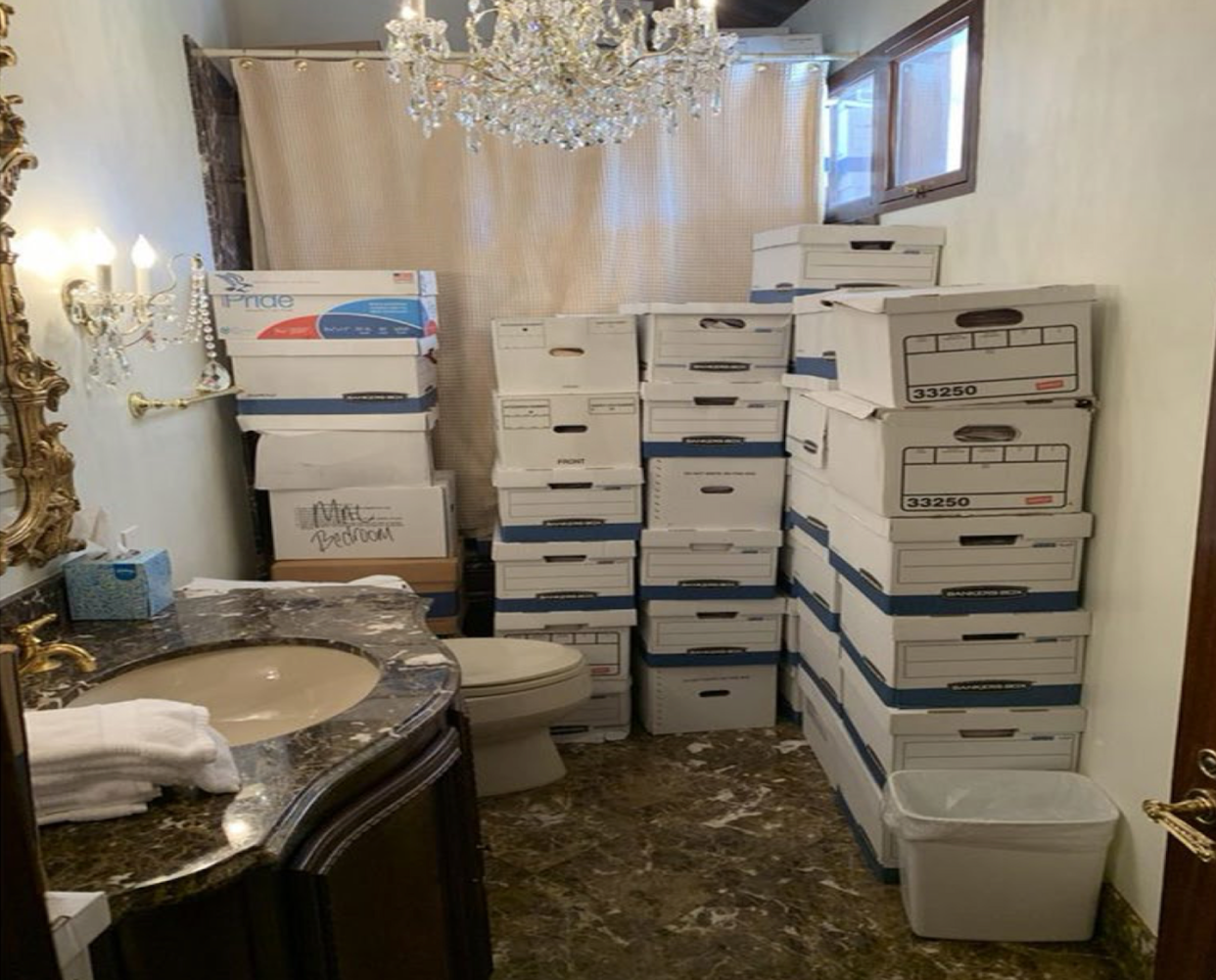 Boxes containing classified documents are stored in a bathroom of Donald Trump’s Mar-a-Lago Club. <a href="https://www.justice.gov/storage/US_v_Trump-Nauta_23-80101.pdf" rel="nofollow noopener" target="_blank" data-ylk="slk:Department of Justice;elm:context_link;itc:0;sec:content-canvas" class="link ">Department of Justice </a>