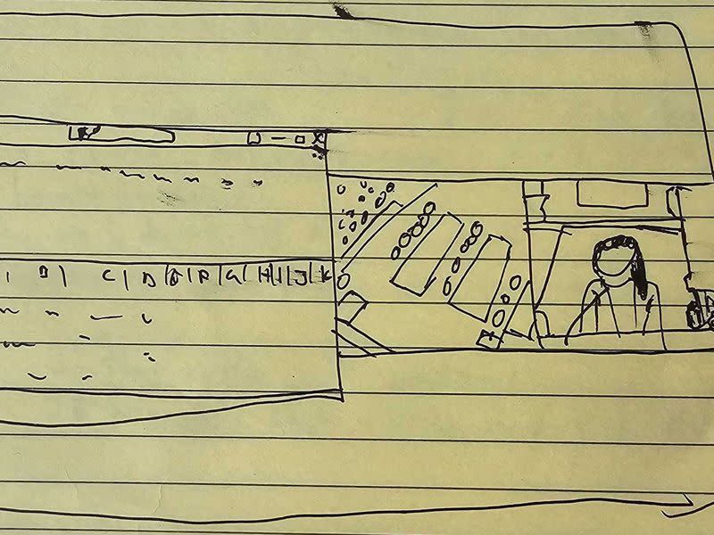 Amateur sketch of screens in the overflow room at the U.S. Southern District Court on Oct. 11, 2023. From left: Exhibits; Sam Bankman-Fried with lawyers; Caroline Ellison on the witness stand. (Nik De/CoinDesk)