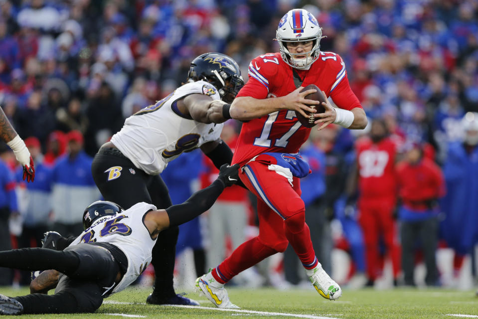 Buffalo Bills quarterback Josh Allen (17) will meet up against the Ravens defense again on Saturday night. (AP Photo/John Munson)