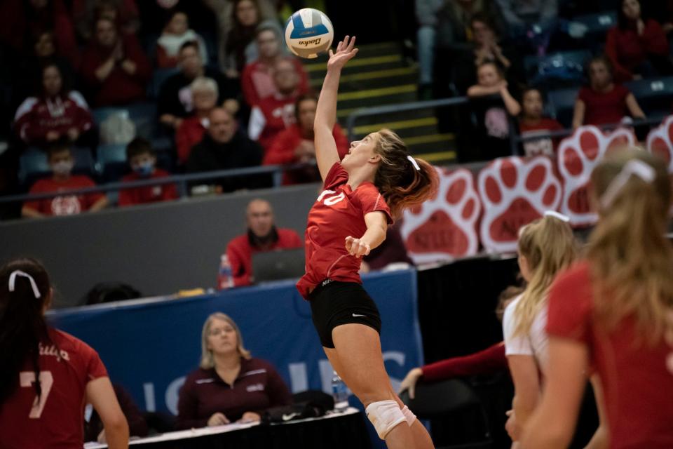 St. Philip senior Alex Kersten (10) spikes the ball on Thursday, Nov. 18, 2021, at Kellogg Arena in Battle Creek, Michigan. Battle Creek St. Philip defeated Allen Park Inter-City Baptist 3-1 in the Division 4 state semifinal.