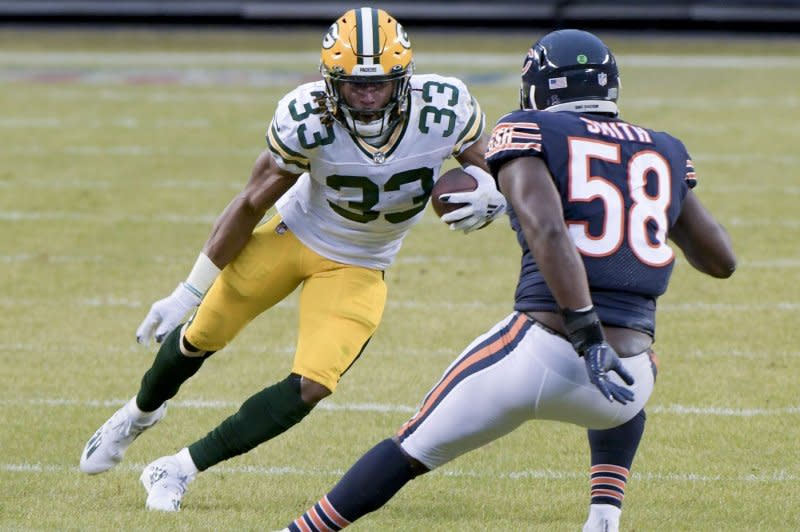 The Green Bay Packers announced Monday that they released veteran running back Aaron Jones (33). File Photo by Mark Black/UPI