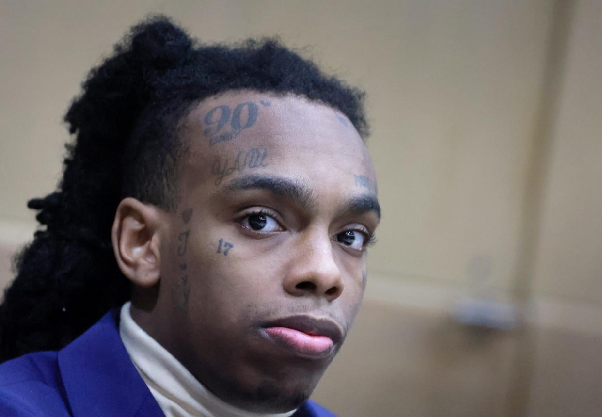 Jamell Demons, better known as rapper YNW Melly, listens to proceedings during his double murder trial at the Broward County Courthouse in Fort Lauderdale, Fla., Thursday, June 22, 2023. Demons is facing a possible death sentence for the October 2018 fatal shooting of his childhood friends, Anthony Williams and Christopher Thomas Jr. Williams and Thomas were both part of the YNW collective, known respectively as YNW Sakchaser and YNW Juvy. (Mike Stocker/South Florida Sun-Sentinel via AP, Pool)