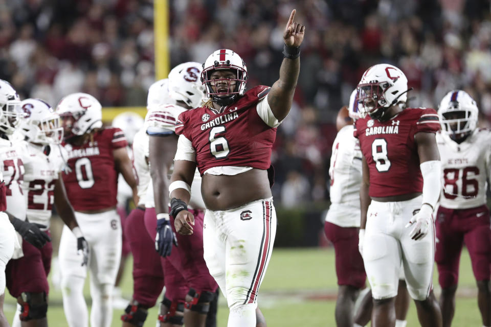 South Carolina defensive lineman Zacch Pickens (6) gestures after a stop against South Carolina State on third down during the second half of an NCAA college football game Thursday, Sept. 29, 2022, in Columbia, S.C. (AP Photo/Artie Walker Jr.)