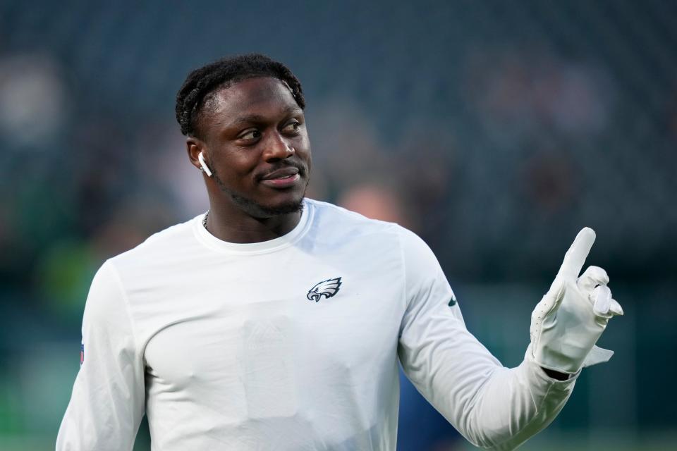 Philadelphia Eagles' A.J. Brown reacts before a game, Thursday, Sept. 14, 2023, in Philadelphia.