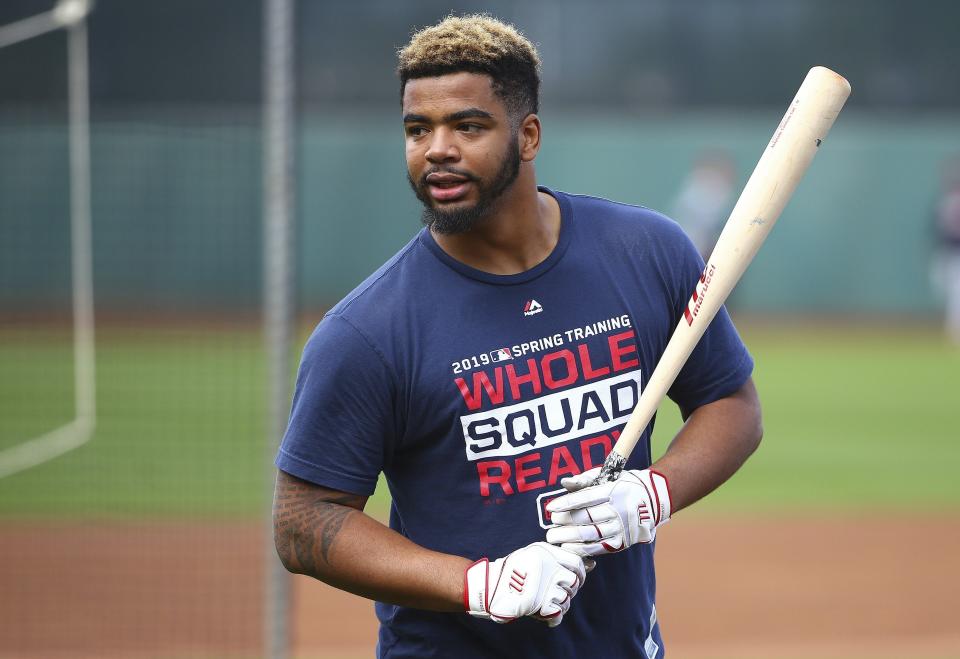 Cleveland Indians' Bobby Bradley waits his turn at batting practice during informal workouts at the team's baseball training facility Friday, Feb. 15, 2019, in Goodyear, Ariz. (AP Photo/Ross D. Franklin)