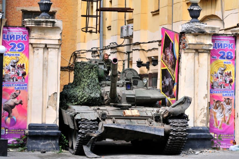 Fighters of Wagner Group private military company deploy outside the Russian Southern Military District staff headquarters on June 24 in Rostov-on-Don, Russia. File Photo by Arkady Budnitsky/UPI