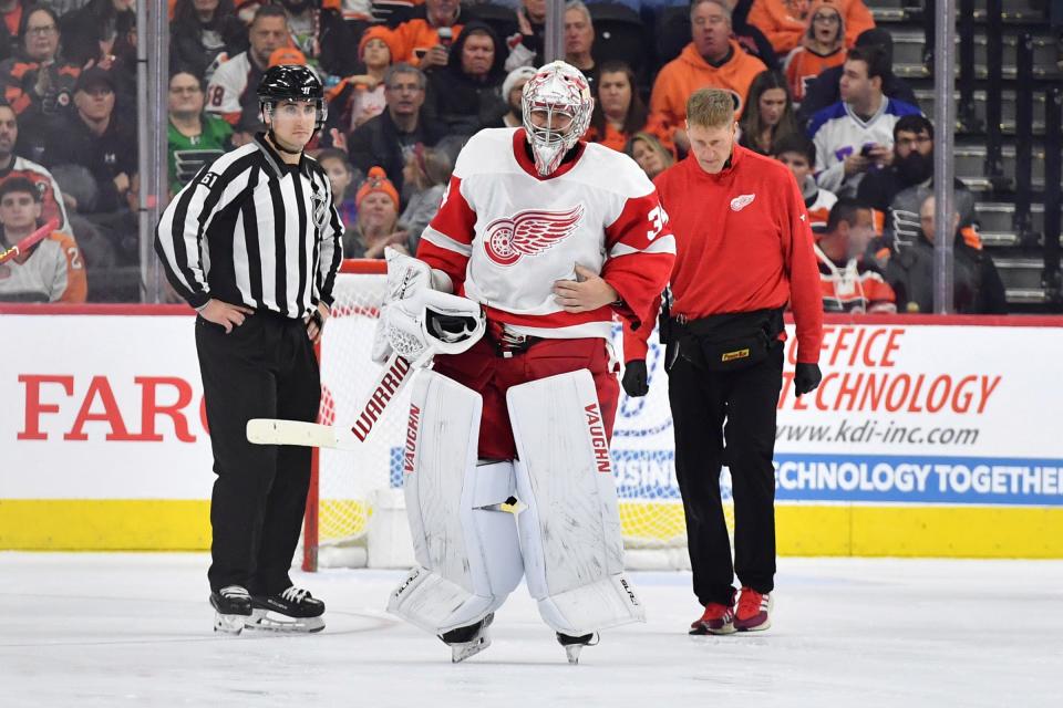 Red Wings goaltender Alex Lyon leaves the game with an injury against the Flyers during the second period of the Wins' 1-0 loss on Saturday, Dec. 16, 2023, in Philadelphia.