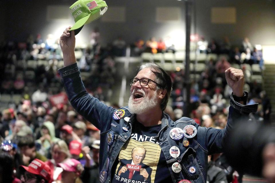 Edward X. Young, of Brick, N.J, a supporter of former President Donald Trump, cheers during a Trump campaign event, Monday, Oct. 9, 2023, in Wolfeboro, N.H. | Steven Senne, Associated Press