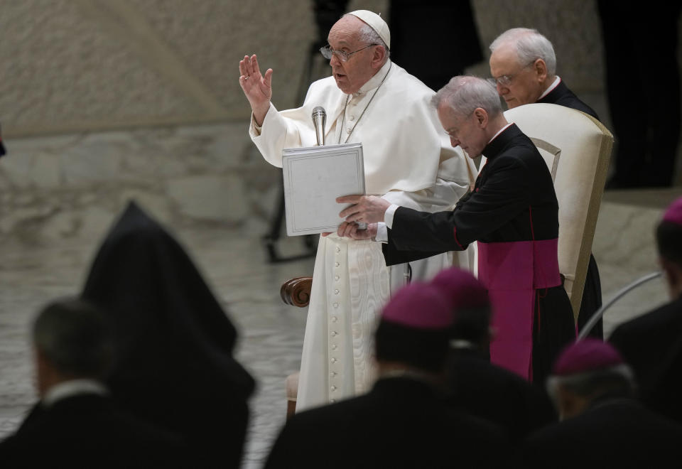 Pope Francis delivers his blessing at the end of his weekly general audience in the Paul VI Hall, at the Vatican, Wednesday, Feb. 28, 2024. (AP Photo/Andrew Medichini)