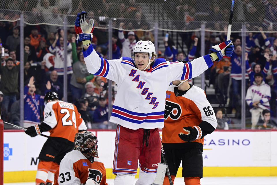New York Rangers' Matt Rempe (73) celebrates after scoring past Philadelphia Flyers goaltender Samuel Ersson (33) during the third period of an NHL hockey game, Saturday, Feb. 24, 2024, in Philadelphia. (AP Photo/Derik Hamilton)