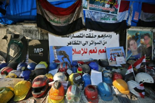 Some 460 people have been killed in anti-government protests since October 1 in Iraq, where demonstrators make makeshift shrines like this one in Baghdad's Tahrir Square to honour fallen comrades